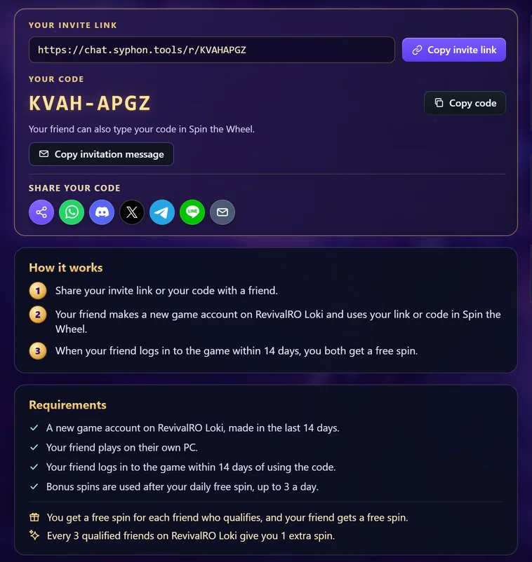 Invite & Earn on Loki: your invite link with Copy invite link, your code, how it works and the requirements