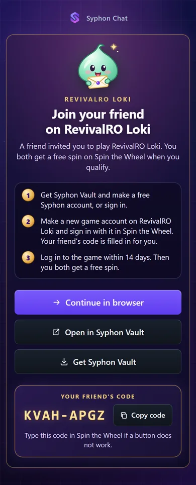 The invite page on a phone: Join your friend on RevivalRO Loki, with Open in Syphon Vault, Get Syphon Vault, Continue in browser and the friend's code