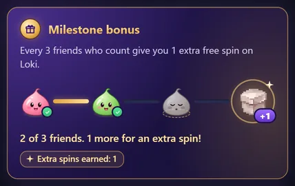 The milestone bar on Loki: two Porings awake for 2 of 3 friends, the third asleep, the Gift Box with +1 at the end, and one extra spin earned