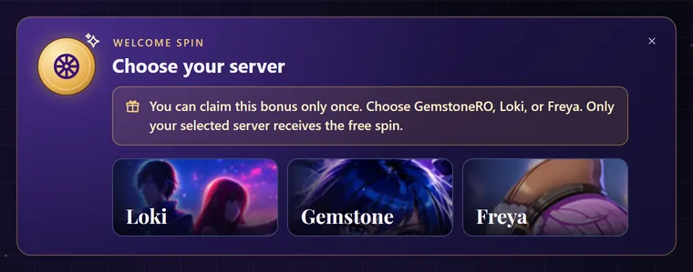 Choose your server: the one-time line, then Loki, Gemstone and Freya