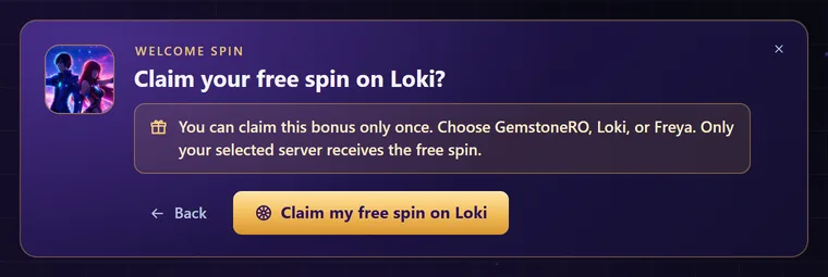 Claim your free spin on Loki? The one-time line, Back, and Claim my free spin on Loki