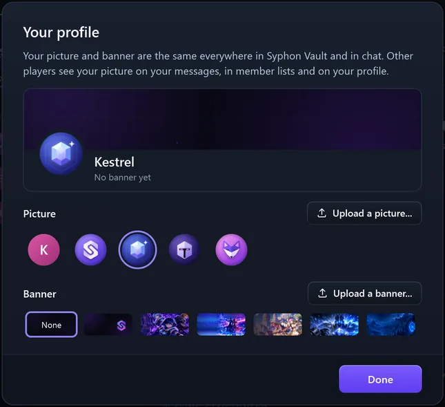 Your profile in Syphon Vault: the pictures, Upload a picture, and the banners