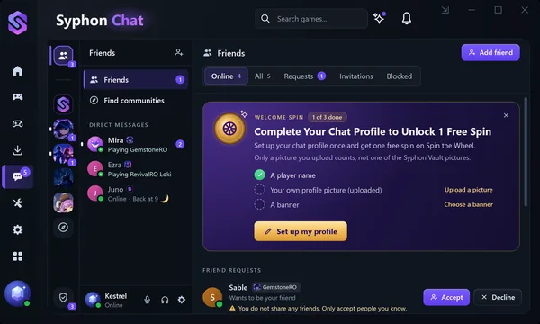 Syphon Vault with Chat open: the card Complete Your Chat Profile to Unlock 1 Free Spin at the top of Friends