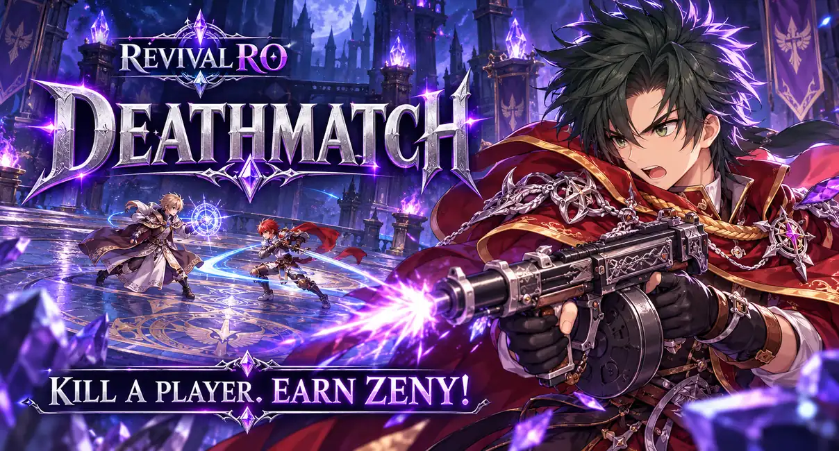 Revival RO Deathmatch: a gunner opens fire in a moonlit arena. Kill a player, earn Zeny!
